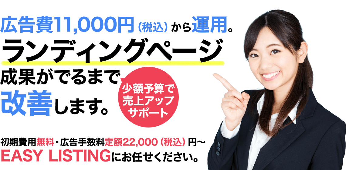 手数料定額22,000円（税込）から運用 ランディングページ成果がでるまで改善します。アドバイスだけじゃなくデザインの修正・追加も対応 広告費11,000円（税込）から運用代行